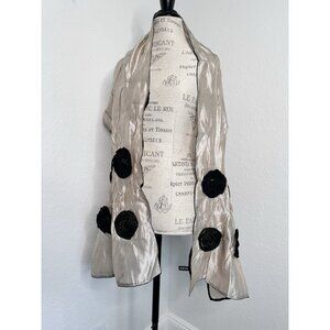 Bayaa Hand-Crafted Flower Embellished Satin Scarf Beige & Black 75 x 20